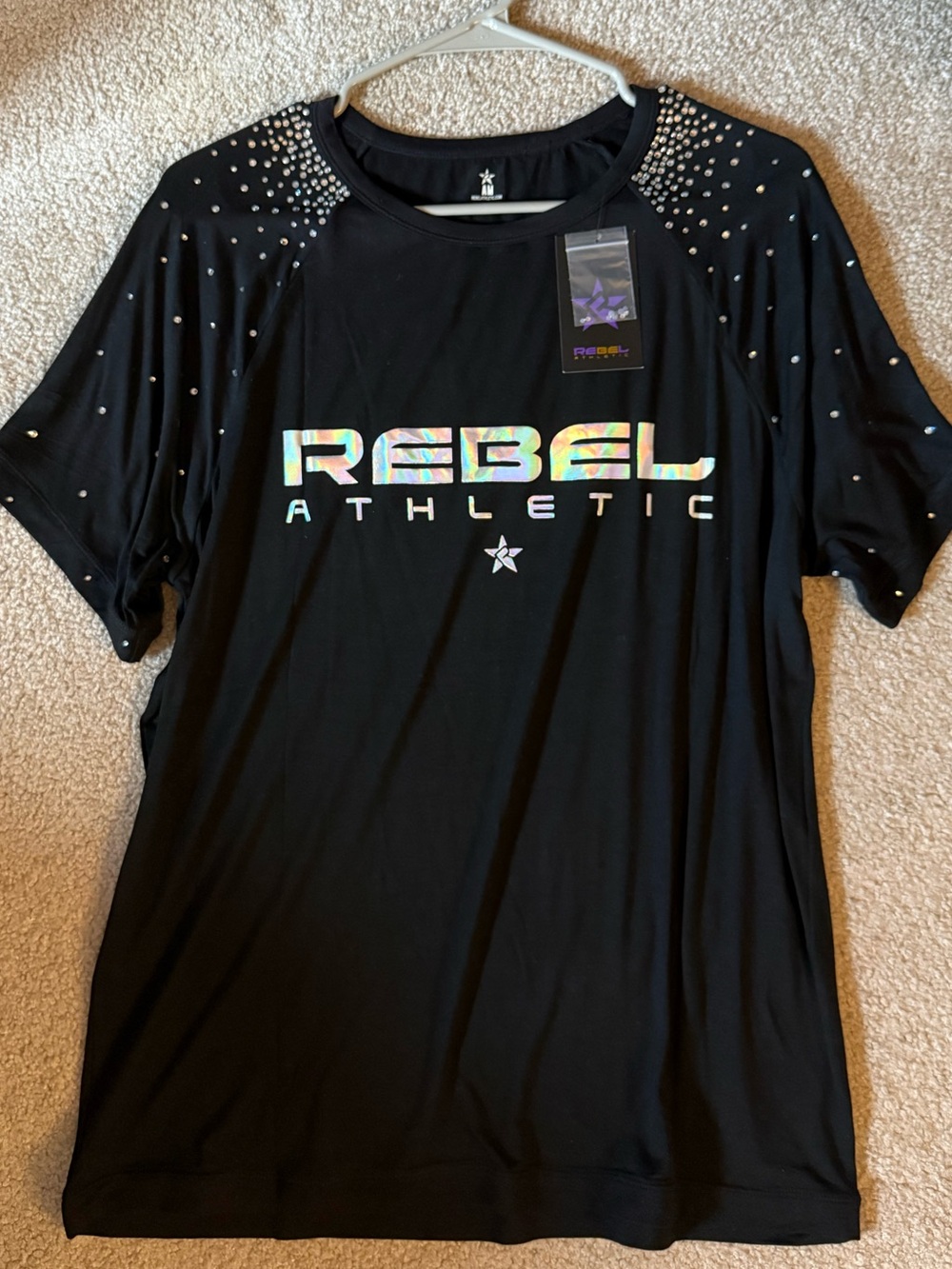 REBEL Black Athletic Tee with Rhinestone Detail